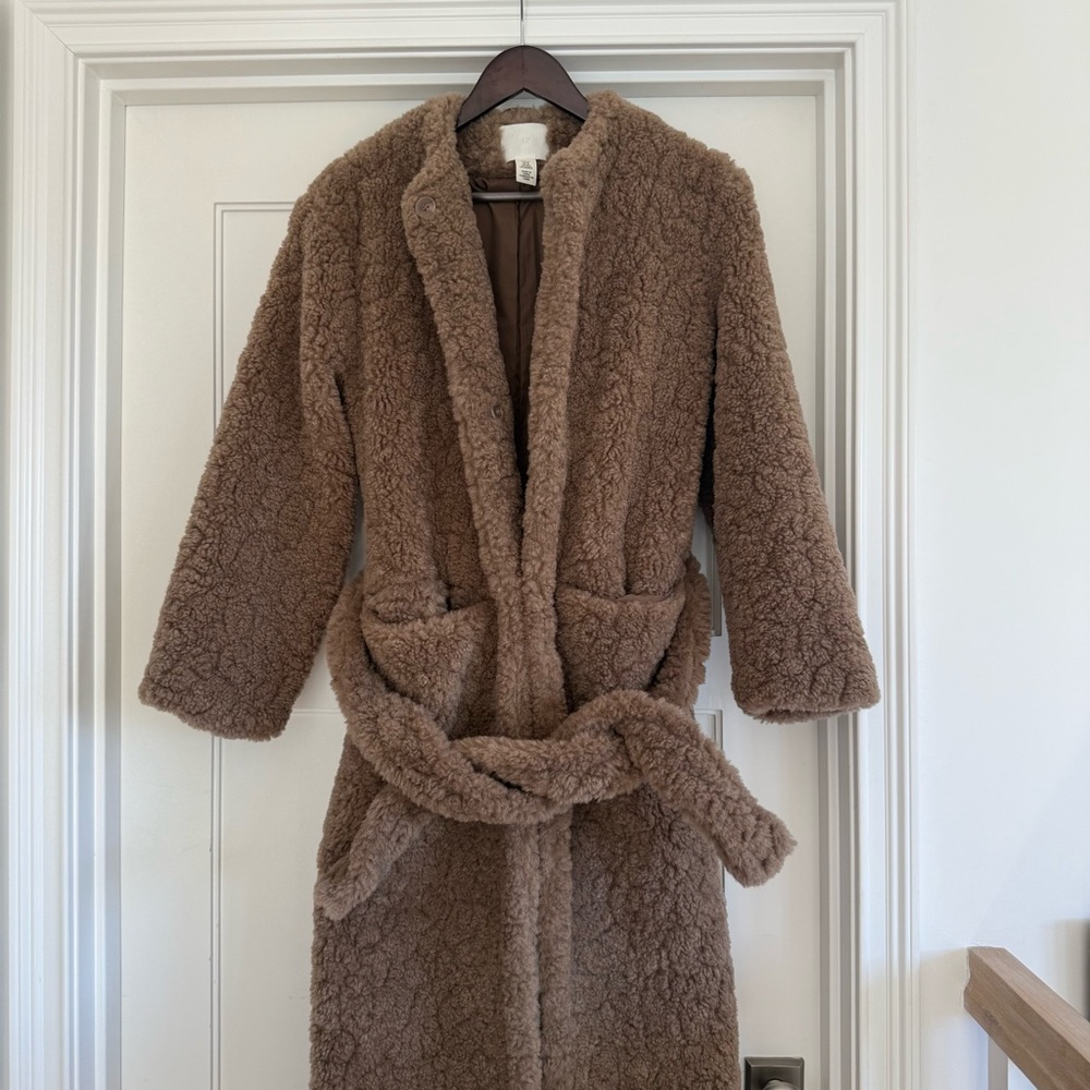 H&M Taupe Brown Soft Tie Belt Teddy Coat Womens XS